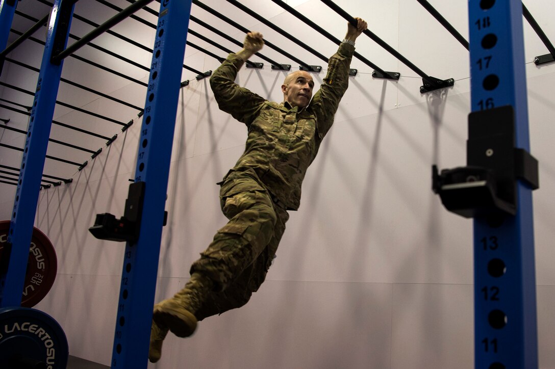 U.S. Air Force Col. Jason Bailey, 52nd Fighter Wing commander, tests a remodeled portion of the fitness center at Ghedi Air Base, Italy, Nov. 15, 2018. Spangdahlem Air Base leadership toured the U.S. portion of the Italian air force base. The remodeled fitness center will include a juice bar and centurion zone fitness course. (U.S. Air Force photo by Airman 1st Class Valerie Seelye)