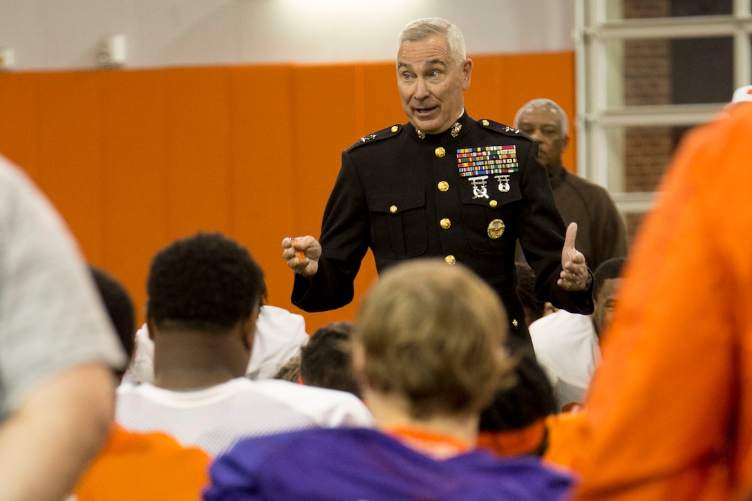 Retired U.S. Marine Maj. Gen. Mastin Robeson speaks to the Clemson University football team about leadership and character development, at Clemson University, South Carolina, Nov. 15, 2018, before a veteran's appreciation game against Duke University Nov. 17. (U.S. Marine Corps photo by Sgt. Jorge A. Rosales)