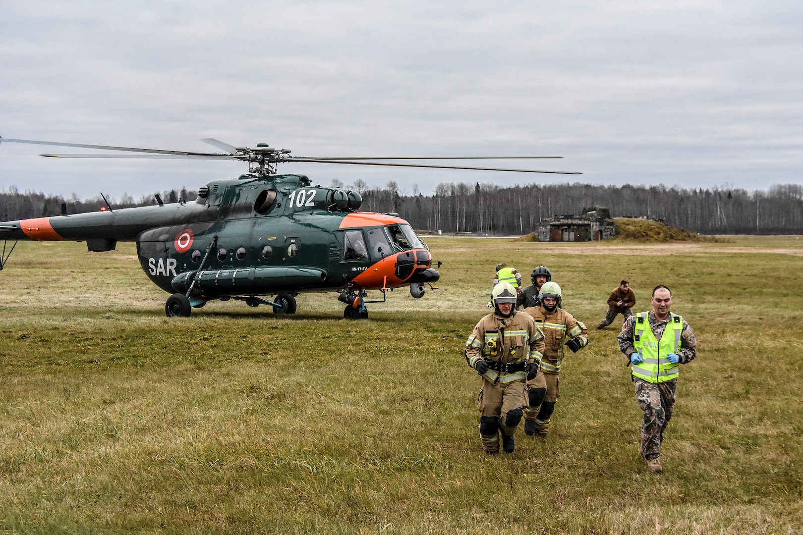 Members of the National Armed Forces of Latvia combined with Airmen from the 110th Attack Wing, Battle Creek Air National Guard Base, Mich., 127th Wing, Selfridge ANG Base, Mich., and Alpena Combat Readiness Training Center, Mich., in an emergency response drill at Lielvārde Air Base, Latvia, Nov. 16, 2018.