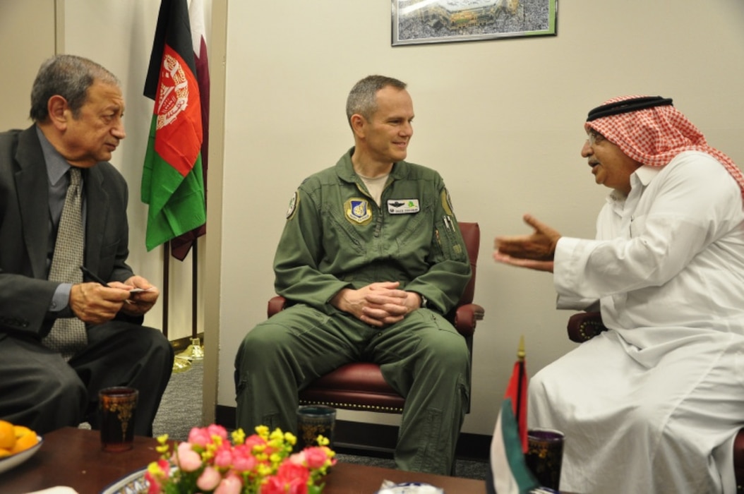 Air Force Col Charles Corcoran participates in a cultural exercise with role players at the Air Force Culture and Language Center at Maxwell AFB on 16 April 2016.