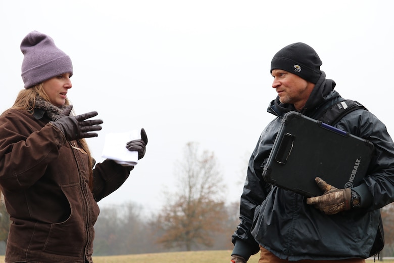 Peyton Abernathy, U.S. Army Corps of Engineers Nashville District environmental engineer, assists a private consultant on the practical application of the Tennessee Stream Quantification Tool Nov. 14, 2018 at Madison Creek in Goodlettsville, Tenn.  (USACE photo by Ashley Webster)