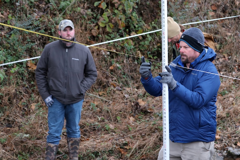 During the field activity private consultants, Tennessee Department of Environment and Conservation and U.S. Army Corps of Engineers officials measured the depth of the stream to input into the Tennessee Stream Quantification Tool Nov. 14, 2018 at Madison Creek in Goodlettsville, Tenn.  (USACE photo by Ashley Webster)