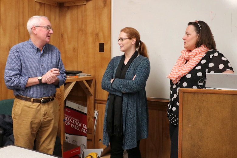 Jimmy Smith, Tennessee Department of Environment and Conservation natural resources manager; Tammy Turley (Middle), U.S. Army Corps of Engineers Nashville District Regulatory Division chief; and Vena Jones, TDEC’s environmental consultant within the Division of Water Resources, discuss the transition and implementation of the Tennessee Stream Quantification Tool for both state and federal Tennessee agencies during a classroom activity Nov. 15, 2018 with consultants, TDEC employees and Corps members at the Regulatory Division located at J. Percy Priest Lake in Nashville, Tenn. (USACE photo by Ashley Webster)