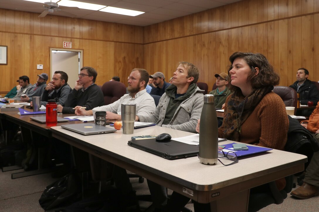 Consultants, Tennessee Department of Environment and Conservation, and Corps of Engineers employees receive information on restoration goals and objectives during a training session on the Tennessee Stream Quantification Tool Nov. 15, 2018 at the U.S. Army Corps of Engineers Regulatory Division located at J. Percy Priest Lake in Nashville, Tenn. (USACE photo by Ashley Webster)