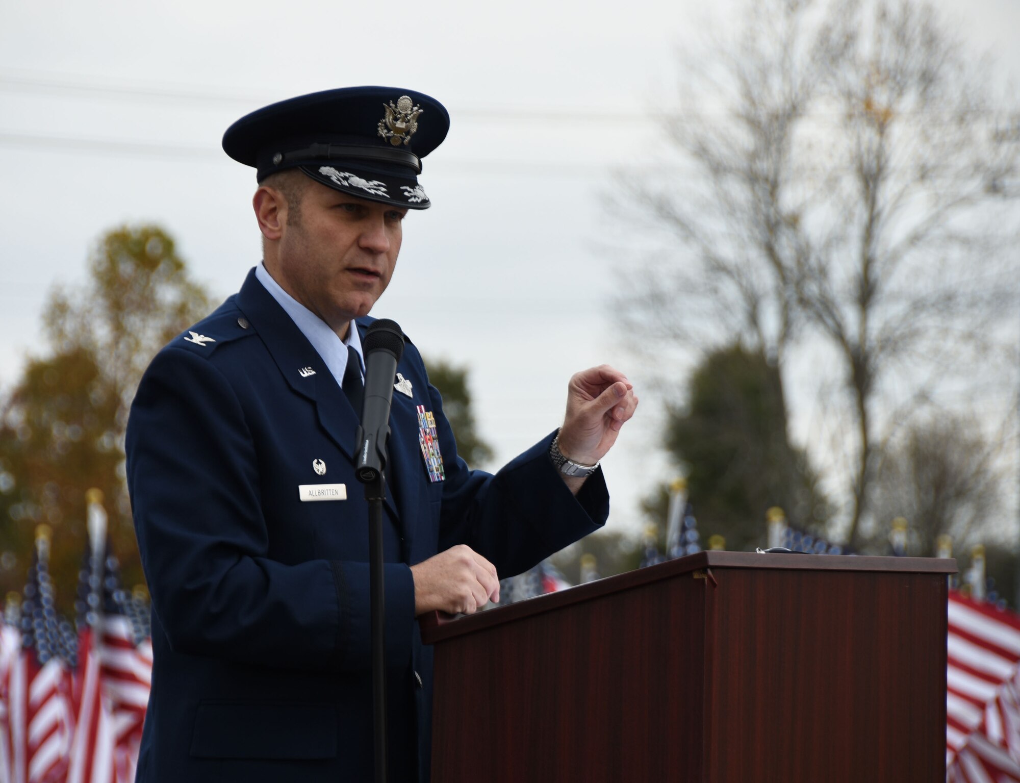 Col. Keith Allbritten, commander of the 118th Wing, gives the keynote address at a Veterans Day weekend event on Nov. 9, 2018 in Hermitage, Tennessee.