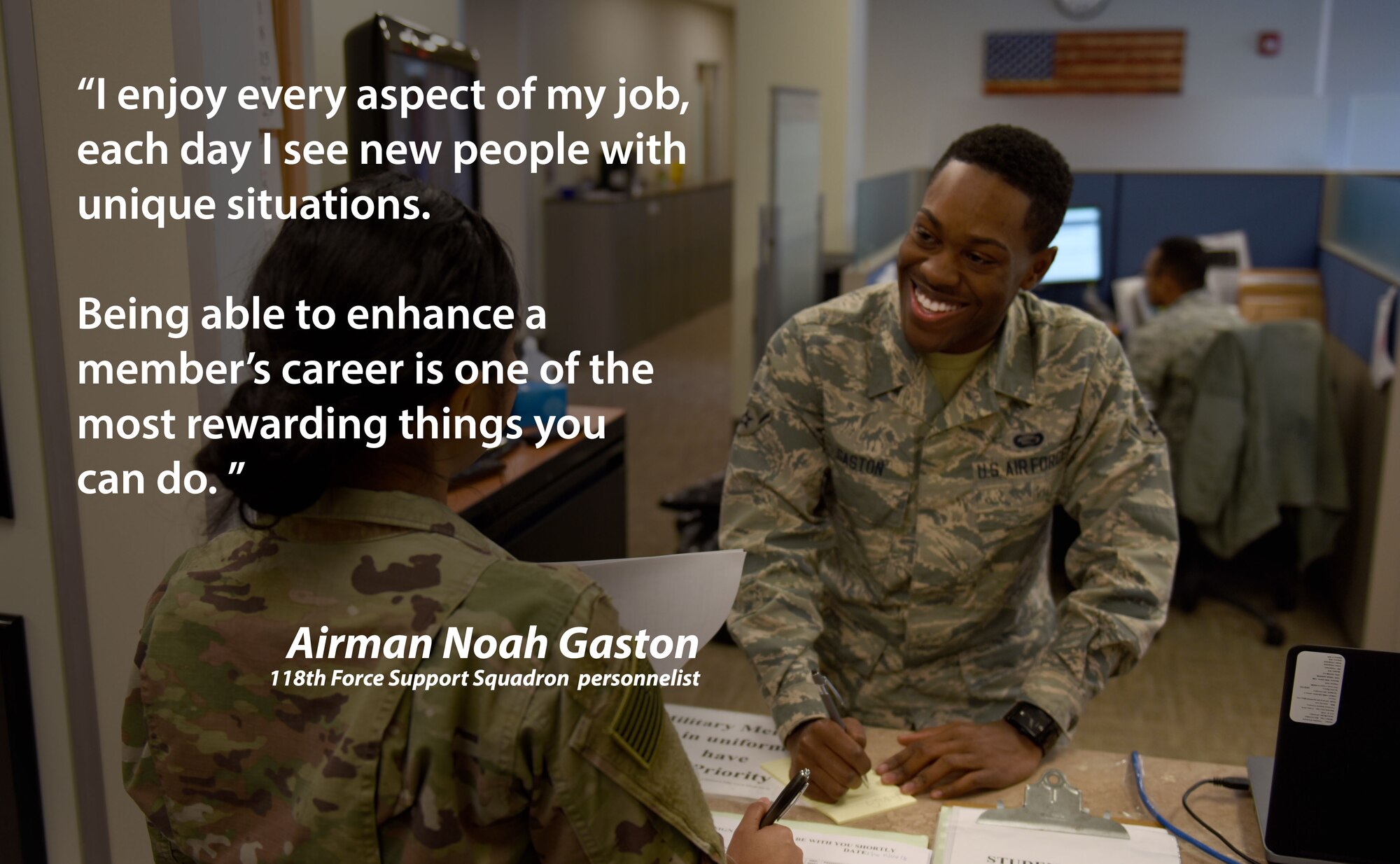 U.S. Air National Guard Airman Noah Gaston, a personnelist with the 118th Force Support Squadron, assists a customer on Nov. 16, 2018 at Berry Field Air National Guard Base in Nashville, Tennessee.
