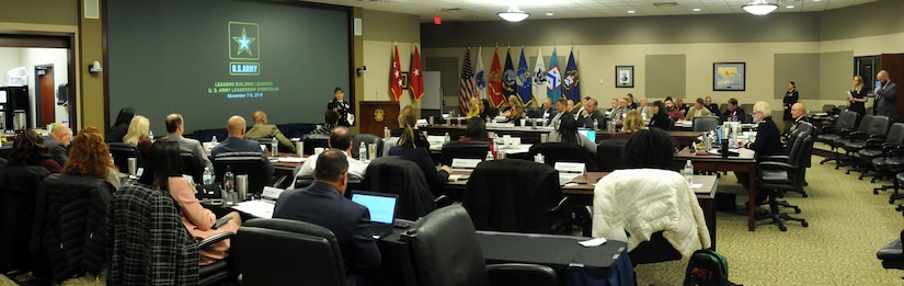 Brig. Gen. Kris A. Belanger, center, commanding general of the 85th United States Army Reserve Support Command, discusses her personal Army story to educators, principals and counselors during the 2018 U.S. Army Leadership Symposium held at Fort Leavenworth, Kansas, November 7-9, 2018.