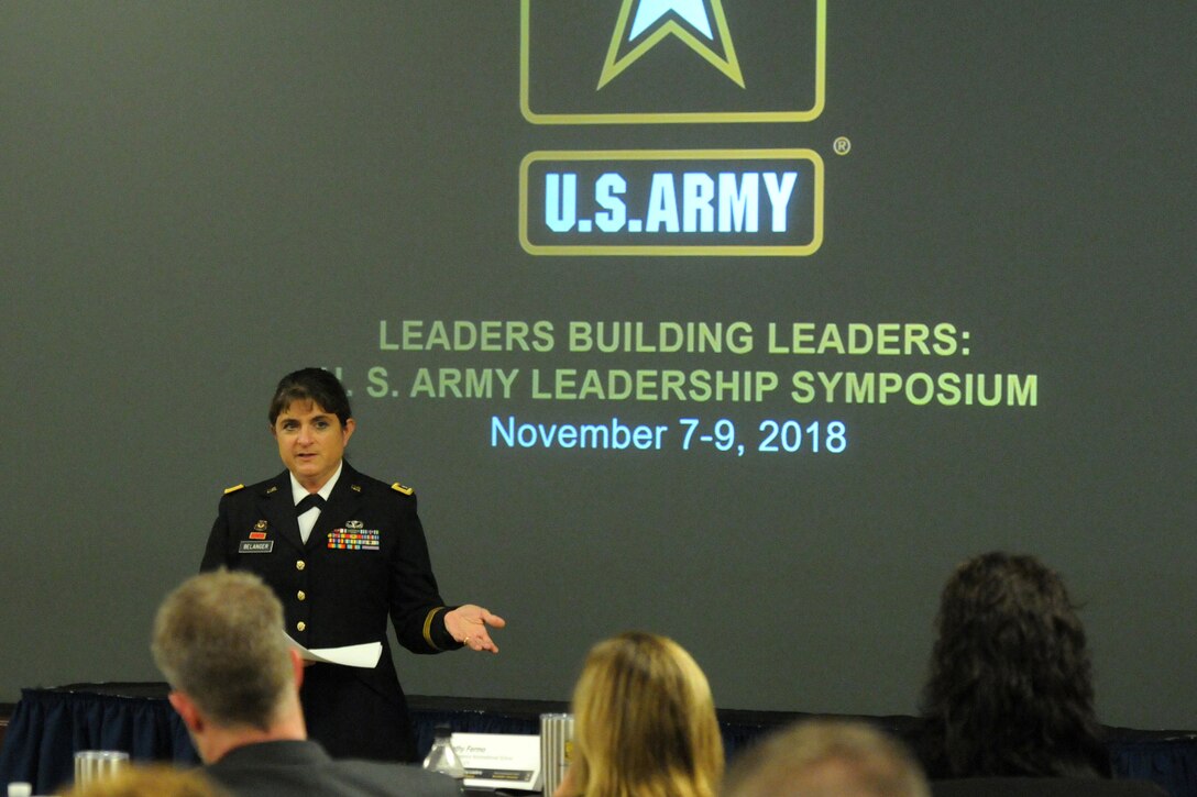 Brig. Gen. Kris A. Belanger, center, commanding general of the 85th United States Army Reserve Support Command, discusses her personal Army story to educators, principals and counselors during the 2018 U.S. Army Leadership Symposium held at Fort Leavenworth, Kansas, November 7-9, 2018.