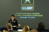 Brig. Gen. Kris A. Belanger, center, commanding general of the 85th United States Army Reserve Support Command, discusses her personal Army story to educators, principals and counselors during the 2018 U.S. Army Leadership Symposium held at Fort Leavenworth, Kansas, November 7-9, 2018.