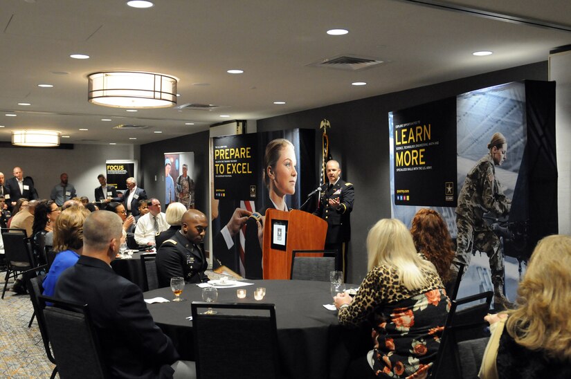 U.S. Army Col. John Oliver, Deputy Director, Army Marketing & Research Group, gives opening remarks during a reception, ahead of the 2018 U.S. Army Leadership Symposium held at Fort Leavenworth, Kansas, November 7-9, 2018.