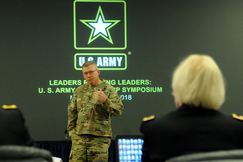 U.S. Army Lt. Gen. Michael Lundy, commanding general of the Combined Arms Center, gives remarks to educators and Army staff personnel during the 2018 U.S. Army Leadership Symposium held at Fort Leavenworth, Kansas, November 7-9, 2018.