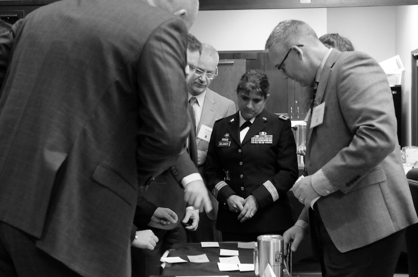 Brig. Gen. Kris A. Belanger, center, commanding general of the 85th United States Army Reserve Support Command, participates in a team building exercise with educators, principals and counselors during the 2018 U.S. Army Leadership Symposium held at Fort Leavenworth, Kansas, November 7-9, 2018.