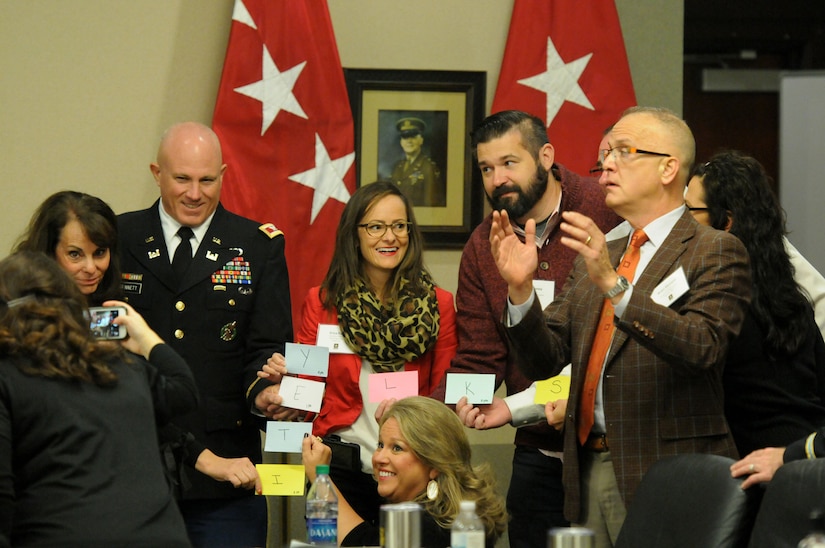 Educators, principals and counselors participate in a team building exercise during the 2018 U.S. Army Leadership Symposium held at Fort Leavenworth, Kansas, November 7-9, 2018.