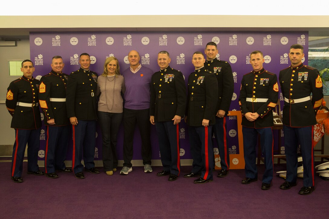 U.S. Marines with 6th Marine Corps District meet Dr. James P. Clements, president of Clemson University, and his wife, Beth Clements, at Clemson University, South Carolina, before Clemson's veteran's appreciation game Nov. 17, 2018. (U.S. Marine Corps photo by Sgt. Jorge A. Rosales)