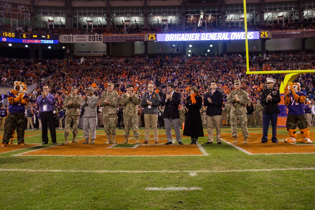 Service members are recognized during a Clemson university football game at Clemson, South Carolina, Nov. 17, 2018. Clemson University faced off against Duke University during a veteran’s appreciation game. (U.S. Marine Corps photo by Sgt. Jorge A. Rosales)