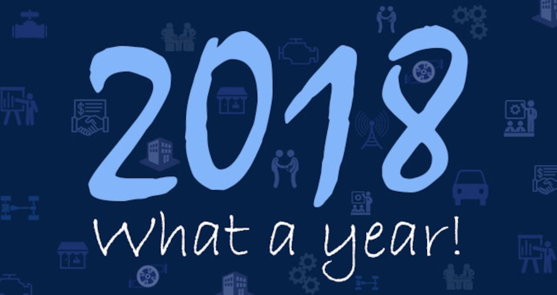 2018 what a year text on dark blue background with business icons faded in background