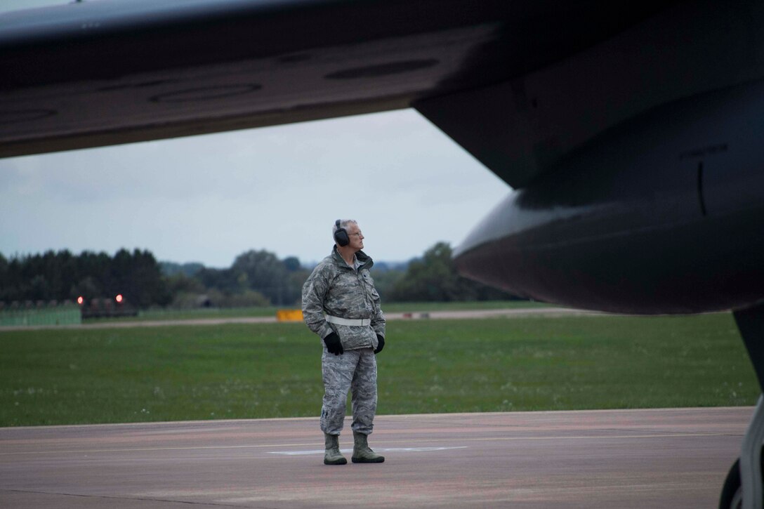U.S. Air Force Lt. Col. Dwayne Slack, 307th Maintenance Group deputy commander, looks out over the flightline at RAF Fairford, England, Sept. 11, 2018.  He enlisted in 1988 in the Air Force Reserve and has served continuously for more than 30 years, including several deployments overseas. (U.S. Air Force photo by Master Sgt. Ted Daigle)