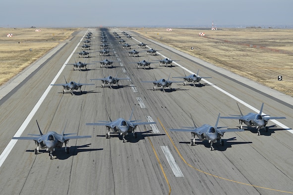 Pilots from the 388th and 419th Fighter Wings taxi F-35As on the runway in preparation for a combat power exercise Nov. 19, 2018, at Hill Air Force Base, Utah. During the exersice, the wings confirmed their ability to employ a large force of jets against air and ground targets, demonstrating the readiness and lethality of the F-35 Lightning II. As the first combat-ready F-35 units in the Air Force, the 388th and 419th FWs are ready to deploy anywhere in the world at a moment’s notice. (U.S. Air Force Photo By Cynthia Griggs)