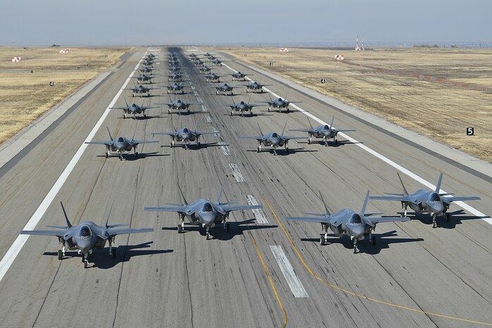 Pilots from the 388th and 419th Fighter Wings taxi F-35As on the runway in preparation for a combat power exercise Nov. 19, 2018, at Hill Air Force Base, Utah. During the exersice, the wings confirmed their ability to employ a large force of jets against air and ground targets, demonstrating the readiness and lethality of the F-35 Lightning II. As the first combat-ready F-35 units in the Air Force, the 388th and 419th FWs are ready to deploy anywhere in the world at a moment’s notice. (U.S. Air Force Photo By Cynthia Griggs)