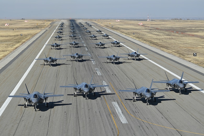 Pilots from the 388th and 419th Fighter Wings taxi F-35As on the runway in preparation for a combat power exercise Nov. 19, 2018, at Hill Air Force Base, Utah. During the exersice, the wings confirmed their ability to employ a large force of jets against air and ground targets, demonstrating the readiness and lethality of the F-35 Lightning II. As the first combat-ready F-35 units in the Air Force, the 388th and 419th FWs are ready to deploy anywhere in the world at a moment’s notice. (U.S. Air Force Photo By Cynthia Griggs)
