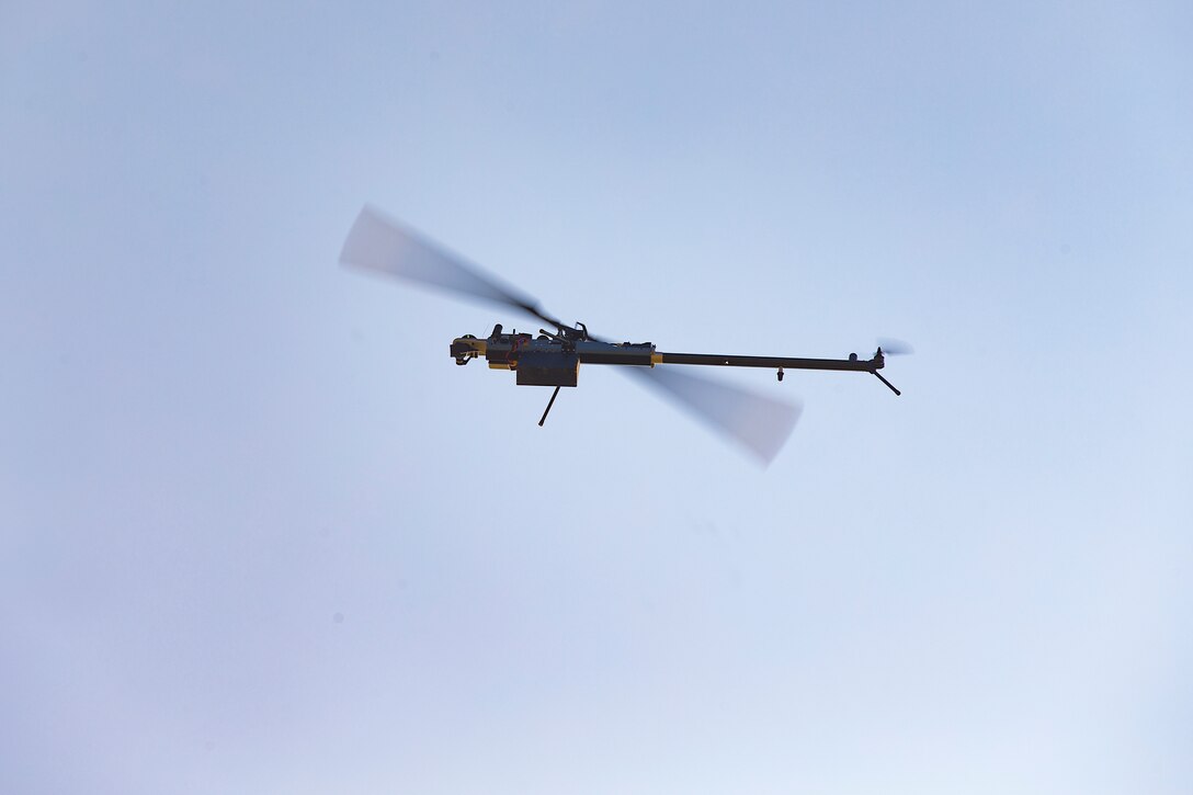 A Lattice Modular Heli-Drone flies in the air during a test run of the Lattice Platform Security System at the Red Beach training area, Marine Corps Base Camp Pendleton, California, Nov. 8, 2018. The Lattice Modular Heli-Drone was being tested to demonstrate its capabilities and potential for increasing security. (U.S. Marine Corps photo by Cpl. Dylan Chagnon)