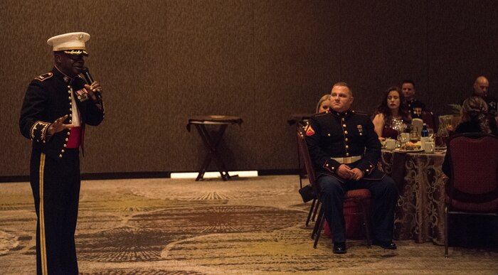 Retired Marine Corps Col. Arthur Sass, now a naval science instructor at Eau Claire High School, delivers the keynote address at the Marine Corps’ Ball at the Charleston Area Convention Center Nov. 17, 2018, in Charleston, S.C. The Marine Corps was established on Nov. 10, 1775 and its 243rd birthday was celebrated with a traditional ball and cake-cutting ceremony.