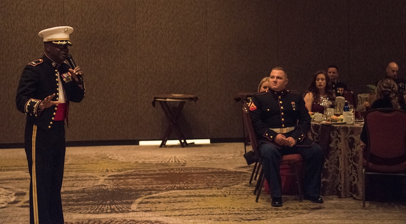 Retired Marine Corps Col. Arthur Sass, now a naval science instructor at Eau Claire High School, delivers the keynote address at the Marine Corps’ Ball at the Charleston Area Convention Center Nov. 17, 2018, in Charleston, S.C. The Marine Corps was established on Nov. 10, 1775 and its 243rd birthday was celebrated with a traditional ball and cake-cutting ceremony.