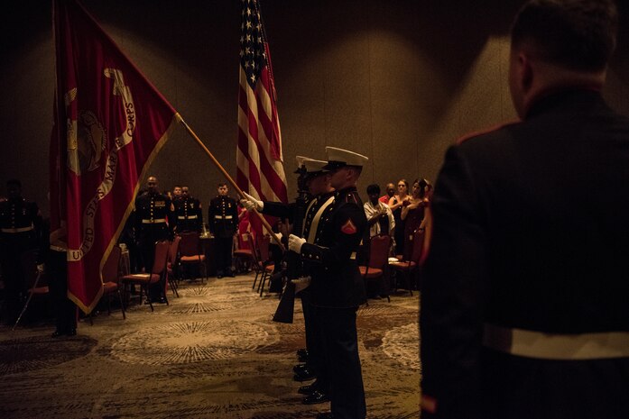 Members of a flag detail prepare to start the ceremony at the 243rd Marine Corps’ Ball at the Charleston Area Convention Center Nov. 17, 2018, in Charleston, S.C. Retired Col. Arthur Sass, a naval science instructor at Eau Claire High School, delivered the keynote address during the ceremony. The Marine Corps was established on Nov. 10, 1775 and is celebrated with a traditional ball and cake-cutting ceremony.