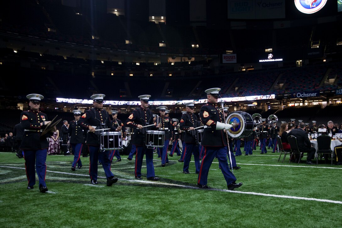 Marines with the Marine Forces Reserve Band perform a pre-ceremony concert during the 243rd annual Marine Corps birthday ball at the Mercedes-Benz Superdome, New Orleans, on Nov. 16, 2018. Every year, a birthday ball is hosted celebrating the birthday and traditions of the Marine Corps. (U.S. Marine Corps photo by Lance Cpl. Tessa D. Watts)
