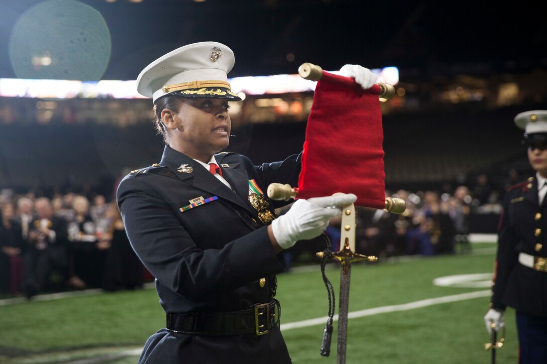 Maj. Stacey Crite, adjutant with Marine Forces Reserve, reads the 13th commandant, Maj. Gen. John A. Lejeune’s, Message during the 243rd annual Marine Corps birthday ball at the Mercedes-Benz Superdome, New Orleans, on Nov. 16, 2018. The message is a reminder of the honorable service of Marines throughout the globe in war and in peace. (U.S. Marine Corps photo by Lance Cpl. Tessa D. Watts)
