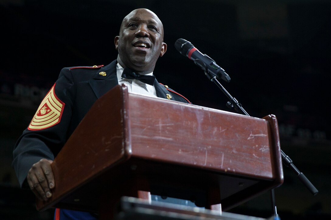 Sgt. Maj. Ronald L. Green, sergeant major of the Marine Corps, gives his final remarks during the 243rd annual Marine Corps birthday ball at the Mercedes-Benz Superdome, New Orleans, on Nov. 16, 2018. Green attended the ball as the guest of honor. (U.S. Marine Corps photo by Lance Cpl. Tessa D. Watts)