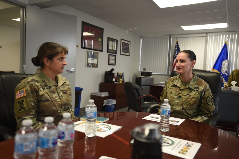 Brig. Gen. Kris A. Belanger, left, commanding general of the 85th United States Army Reserve Support Command, meets with Lt. Col. Jennifer Nolan, Garrison Commander, Parks Reserve Forces Training Area, to receive an operational overview, Nov. 16, 2018.