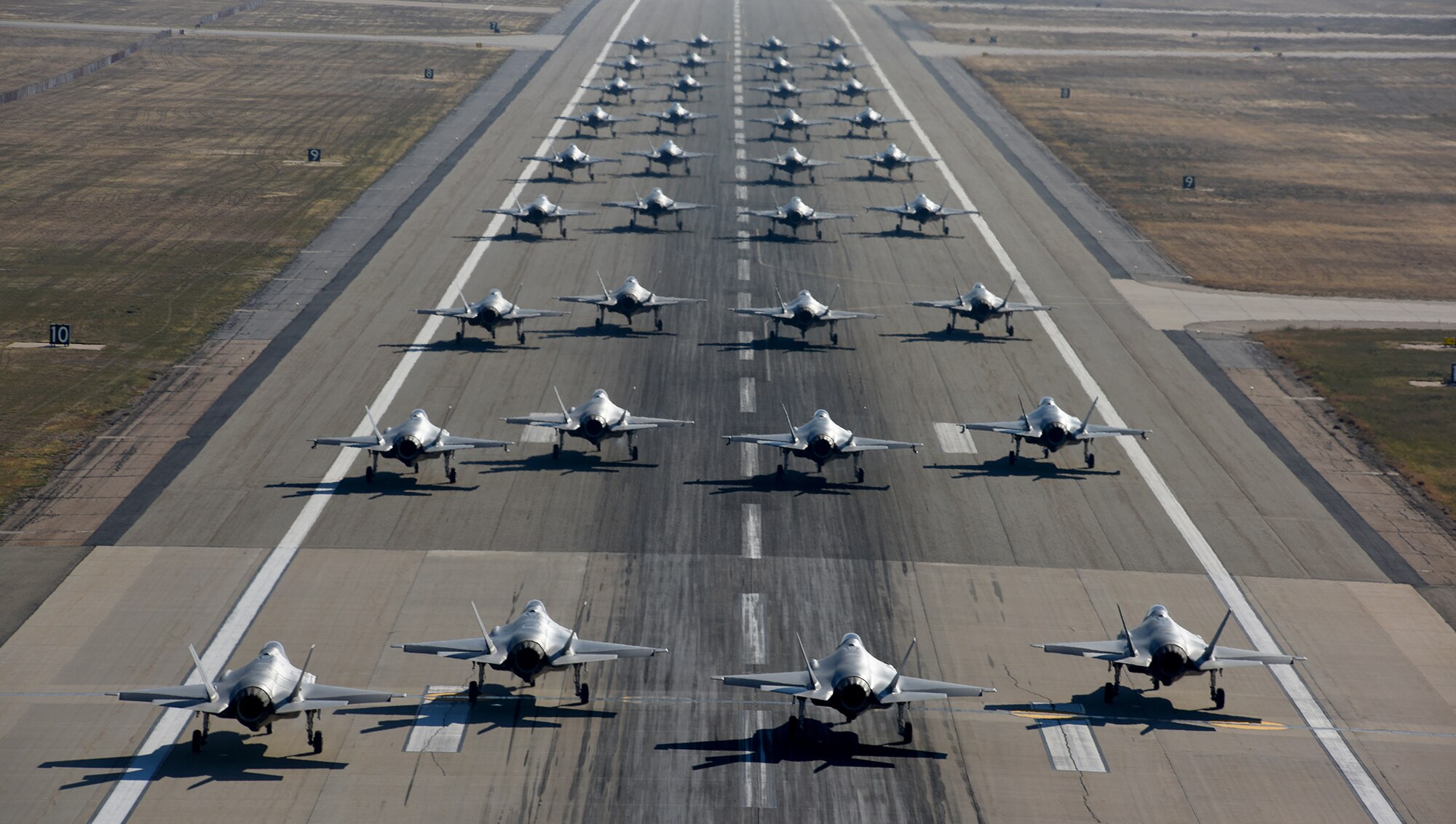 Pilots from the 388th and 419th Fighter Wings taxi F-35As on the runway in preparation for a combat power exercise Nov. 19, 2018, at Hill Air Force Base, Utah.