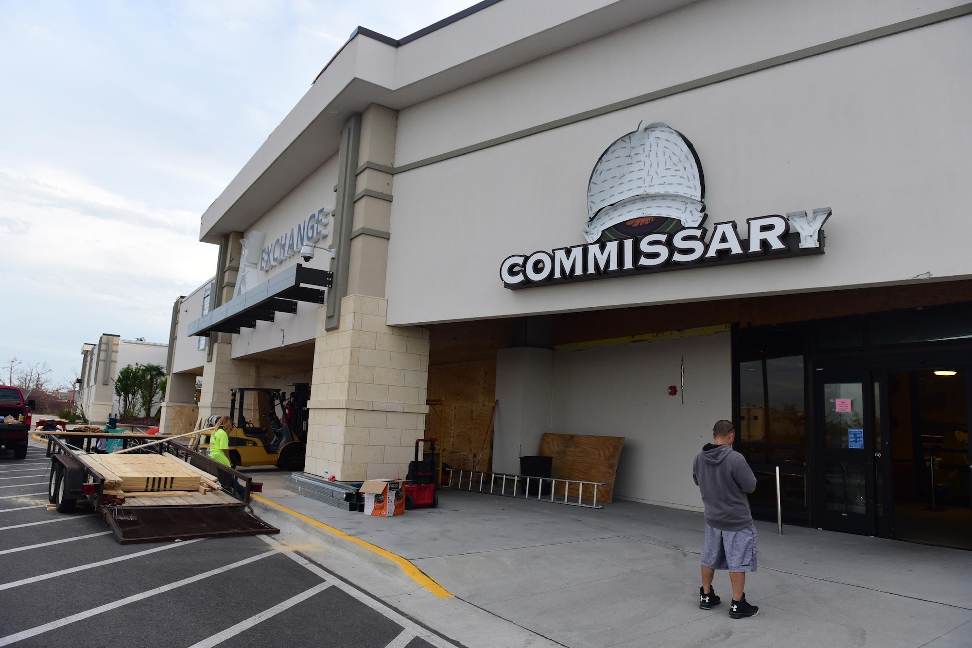 The Tyndall Commissary undergoes repairs after being hit with the effects of Hurricane Michael at Tyndall Air Force Base, Fla., Nov. 19, 2018. Though still under minor repair work, the commissary is open and selling goods to those able to get on base. Several customer-service organizations reopened Nov. 17 for DOD ID cardholders to utilize. Many services on Tyndall were temporarily shut down due to the damage from Hurricane Michael. (U.S. Air Force photo by Senior Airman Cody R. Miller)