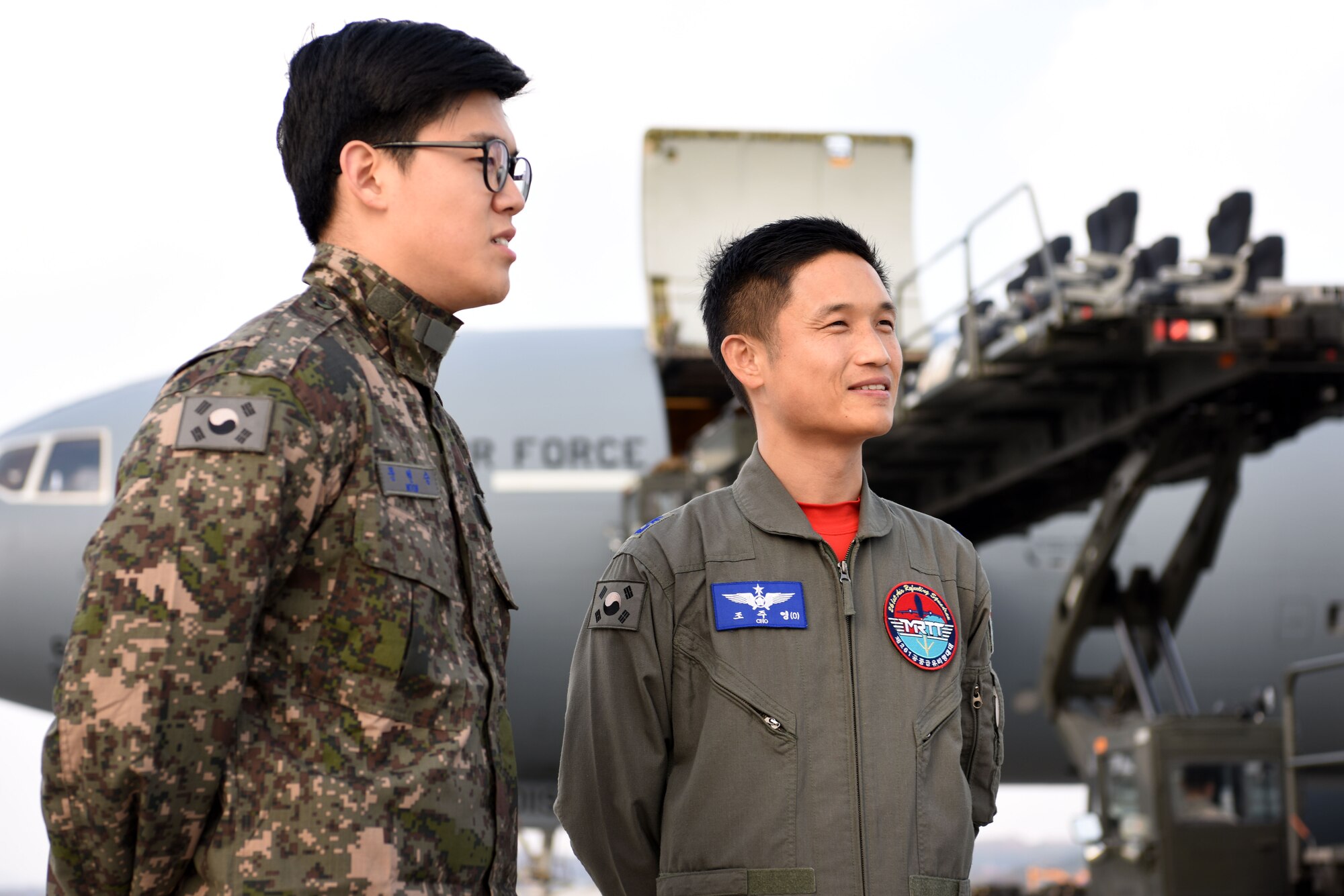 Members of the Republic of Korea Air Force participate in an interview prior to boarding a KC-10 Extender at Osan Air Base, Republic of Korea, Nov. 19, 2018. The 6th Air Refueling Squadron assigned to Travis Air Force Base, California, partnered with the 607th Air Mobility Division at Osan to provide the ROKAF members mentorship and experience with aircraft refueling for F-16 Fighting Falcons and A-10 Thunderbolt IIs assigned to the Seventh Air Force. (U.S. Air Force photo by Senior Airman Kelsey Tucker)