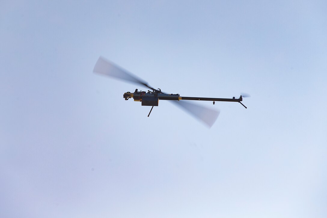 Lattice Modular Heli-Drone flies during test run of Lattice Platform Security System, at Red Beach training area, Marine Corps Base Camp Pendleton, California, November 8, 2018 (U.S. Marine Corps/Dylan Chagnon)