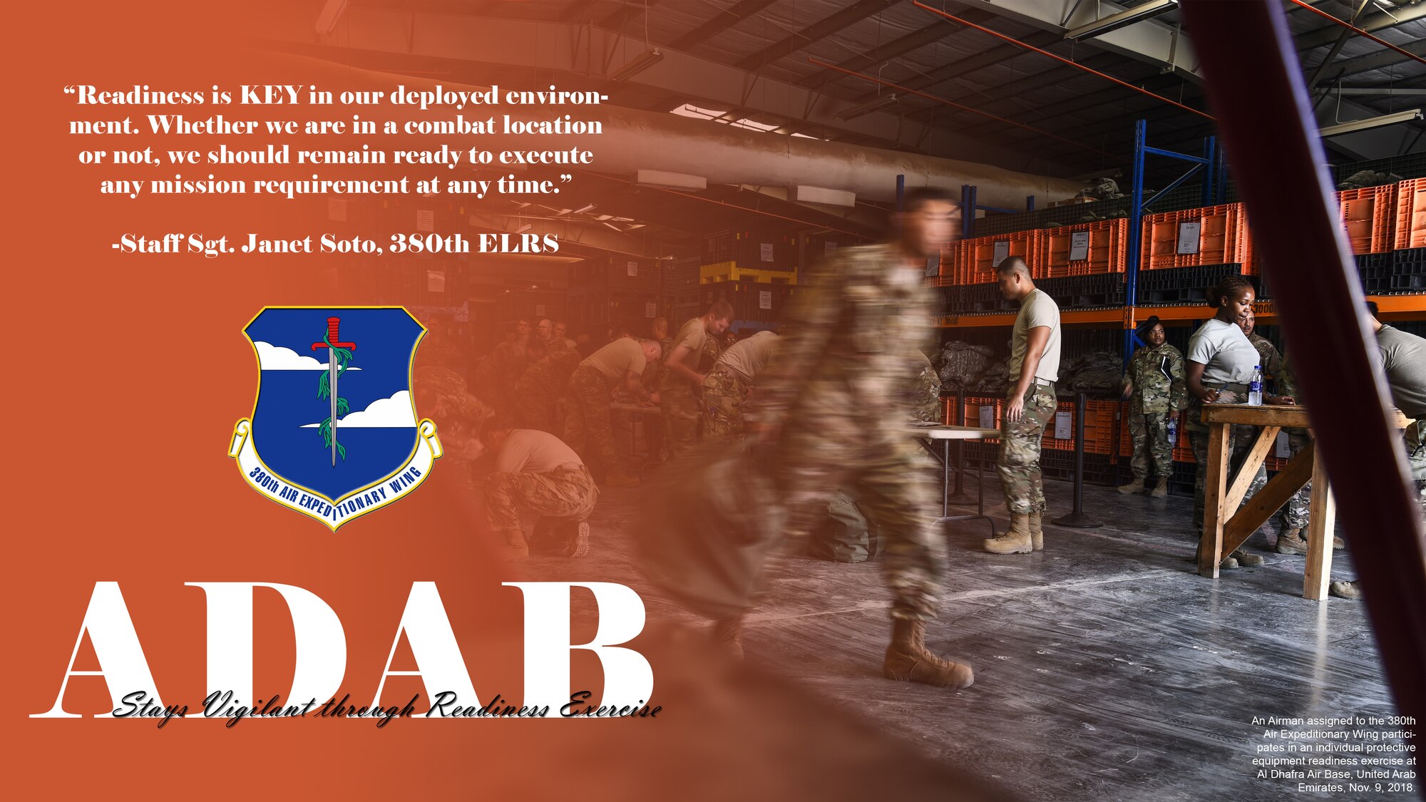 A U.S. Airman assigned to the 380th Air Expeditionary Wing participates in an Individual Protection Equipment readiness exercise at Al Dhafra Air Base, United Arab Emirates, Nov. 9, 2018. The objective of the exercise was to evaluate the 380th AEW's ability to rapidly equip members with Chemical, Biological, Radiological and Nuclear defense equipment, as well as Biological and Chemical Warfare kits. (U.S. Air Force graphic by Senior Airman Mya M. Crosby)