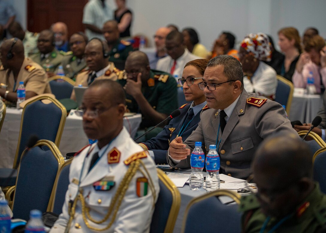 Lieutenant Colonel Arbi Bouaiti, Royal Moroccan Armed Forces, asks a question during an African Partner Outbreak Response Alliance (APORA) conference in Monrovia, Liberia. During APORA, military and civilian leaders will work together to align best practices and improve response capabilities for potential outbreaks of contagious diseases. The training will help bolster relationships with current partners, and mobilize new partners to strengthen pandemic programs. (U.S. Navy photo by Mass Communication Specialist 2nd Class Robert J. Baldock)
