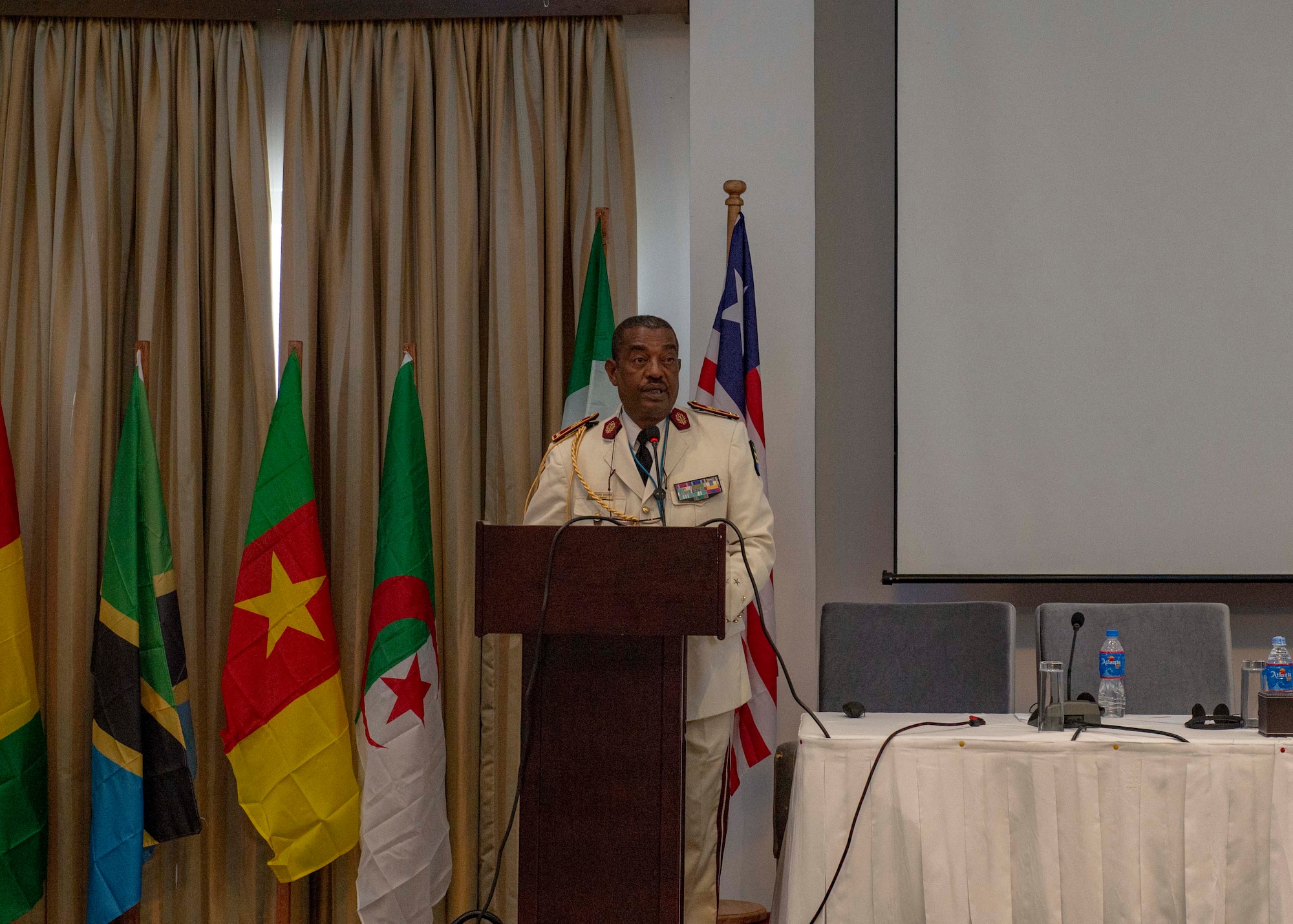 General Jeanot Essono Engueng, Armed Forces of Gabon, gives remarks during the closing ceremony of an African Partner Outbreak Response Alliance (APORA) conference in Monrovia, Liberia. During APORA, military and civilian leaders will work together to align best practices and improve response capabilities for potential outbreaks of contagious diseases. The training will help bolster relationships with current partners, and mobilize new partners to strengthen pandemic programs. (U.S. Navy photo by Mass Communication Specialist 2nd Class Robert J. Baldock)