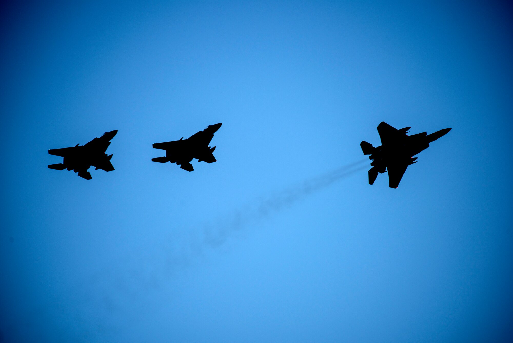 F-15C Eagles assigned to the 493rd Fighter Squadron fly over Amendola Air Base, Italy, Nov. 16, 2018. F-15C Eagles and an F-15D Eagle will be participating in the NATO Tactical Leadership Programme 18-4. This event marks the first time the course has been held in Italy, from its normal host location at Albacete Air Base, Spain. (U.S. Air Force photo/ Senior Airman Malcolm Mayfield)