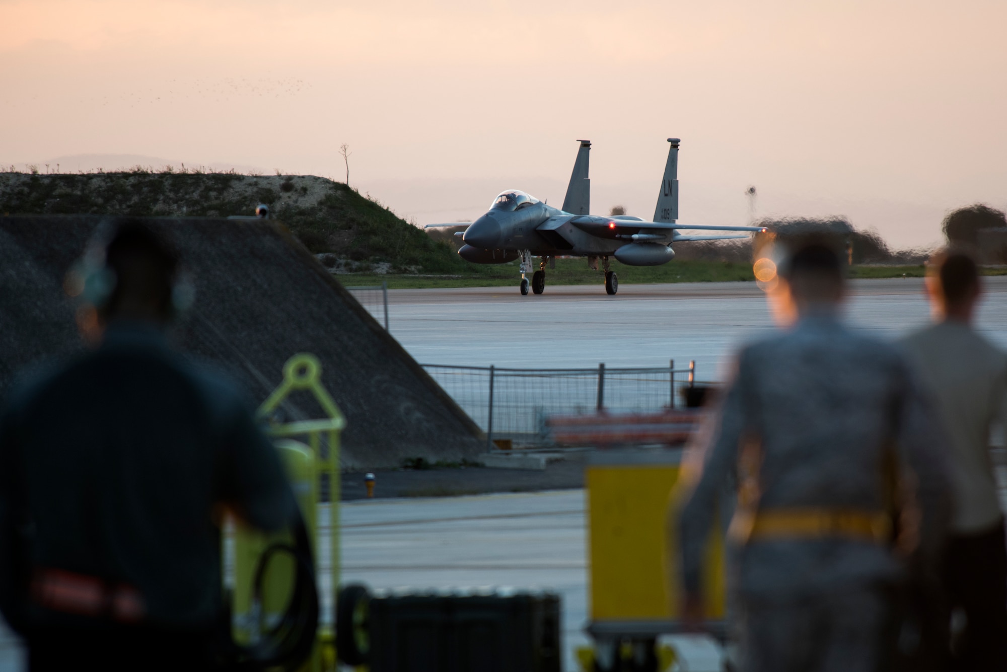 An F-15C Eagle assigned to the 493rd Fighter Squadron taxis at Amendola Air Base, Italy, Nov. 16, 2018. F-15C Eagles and an F-15D Eagle will be participating in the NATO Tactical Leadership Programme 18-4. TLP has prepared hundreds of NATO and allied forces’ flight leaders to be mission commanders. (U.S. Air Force photo/ Senior Airman Malcolm Mayfield)