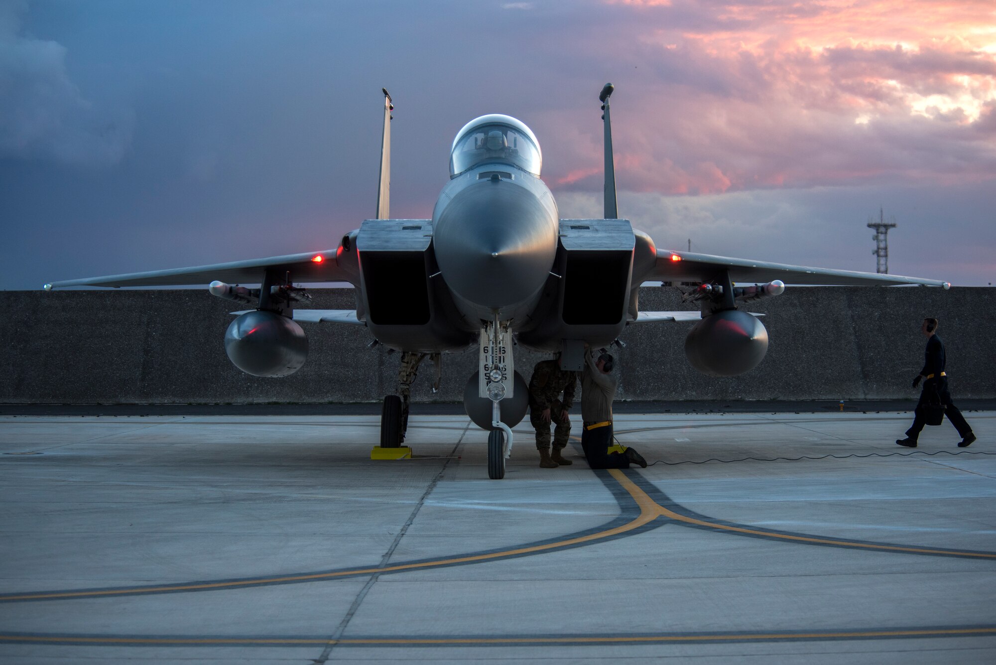 Airmen from the 48th Fighter Wing perform post flight checks on an F-15C Eagle at Amendola Air Base, Italy, Nov. 16, 2018. F-15C Eagles and an F-15D Eagle will be participating in the NATO Tactical Leadership Programme 18-4. TLP has prepared hundreds of NATO and allied forces’ flight leaders to be mission commanders. (U.S. Air Force photo/ Senior Airman Malcolm Mayfield)