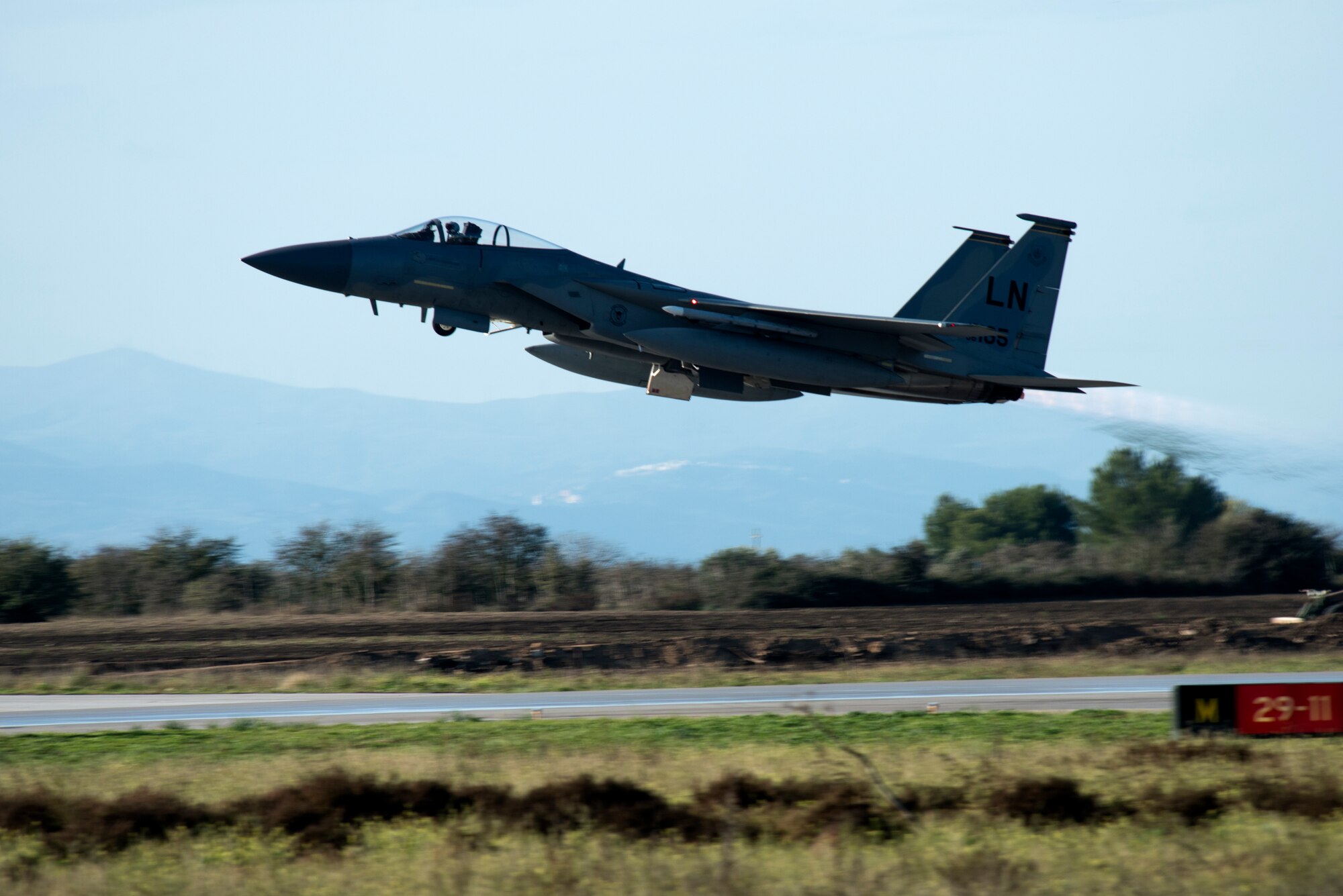 An F-15C Eagle assigned to the 493rd Fighter Squadron launches for a sortie during the NATO Tactical Leadership Programme 18-4 at Amendola Air Base, Italy, Nov. 20, 2018. The multilateral training course focuses on developing tactical air expertise and leadership skills. This event marks the first time the course has been held in Italy, from its normal host location at Albacete Air Base, Spain. (U.S. Air Force photo/ Senior Airman Malcolm Mayfield)