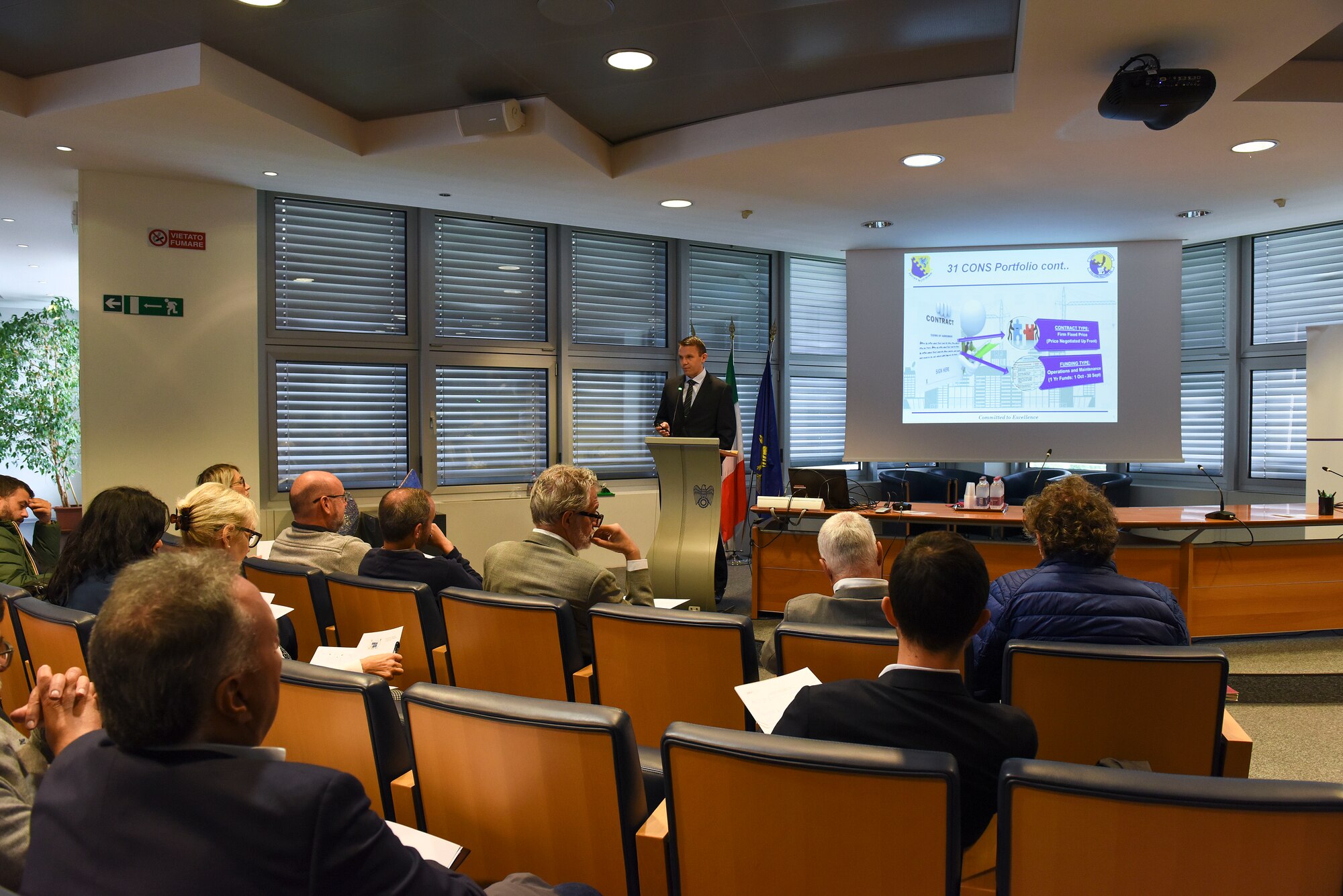 U.S. Air Force 2nd Lt. Oleksandr Bakuta, 31st Contracting Squadron contract manager, speaks to contractors during the Industry Day conference in Pordenone, Italy, Nov. 9, 2018. The conference was an opportunity for the 31 CONS to develop a better working relationship with local businesses, as well as offer more information to these businesses about working on the installation. (U.S. Air Force photo by Senior Airman Valerie Halbert)