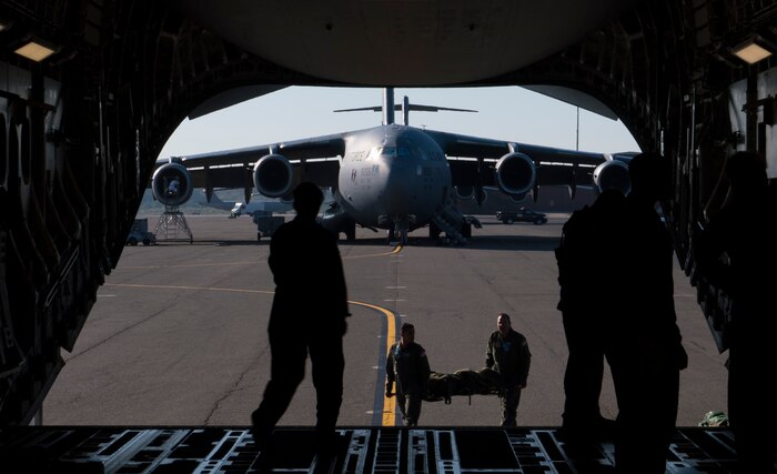 Reserve Citizen Airmen from the 315th Aeromedical Evacuation Squadron load medical equipment onto a C-17 Globemaster III during an operational readiness exercise at Joint Base Charleston, S.C., Nov. 17, 2018. The exercise provided the 315th Operations Group with hands-on training in a variety of airlift and aeromedical evacuation tactics during simulated combat events. (U.S. Air Force photo by Staff Sgt. Nicholas A. Priest)