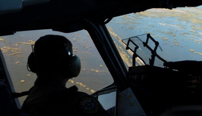 Air Force Reserve Lt. Col. Doug Dickson, 315th Operations Support Squadron C-17 aircraft commander, performs low-level flight maneuvers in a C-17 Globemaster III during an operational readiness exercise near Charleston, S.C., Nov. 17, 2018. The exercise provided the 315th Operations Group with hands-on training in a variety of airlift and aeromedical evacuation tactics during simulated combat events. (U.S. Air Force photo by Staff Sgt. Nicholas A. Priest)