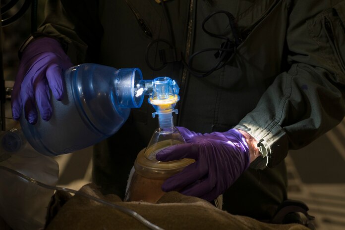 Air Force Reserve Lt. Col. David Ferguson, 315th Aeromedical Evacuation Squadron, performs medical care to a simulated patient on a C-17 Globemaster III during an operational readiness exercise near Charleston, S.C., Nov. 17, 2018. The exercise provided the 315th Operations Group with hands-on training in a variety of airlift and aeromedical evacuation tactics during simulated combat events. (U.S. Air Force photo by Staff Sgt. Nicholas A. Priest)