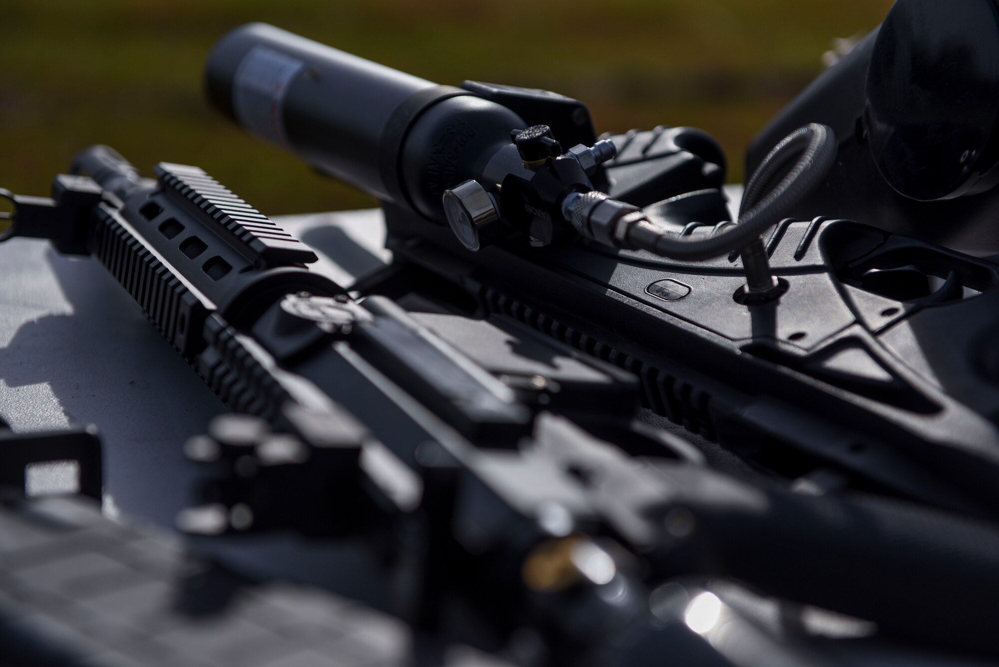 Non-lethal weapons are set out for training during a demonstration at Joint Base Langley-Eustis, Virginia, Nov. 8, 2018.