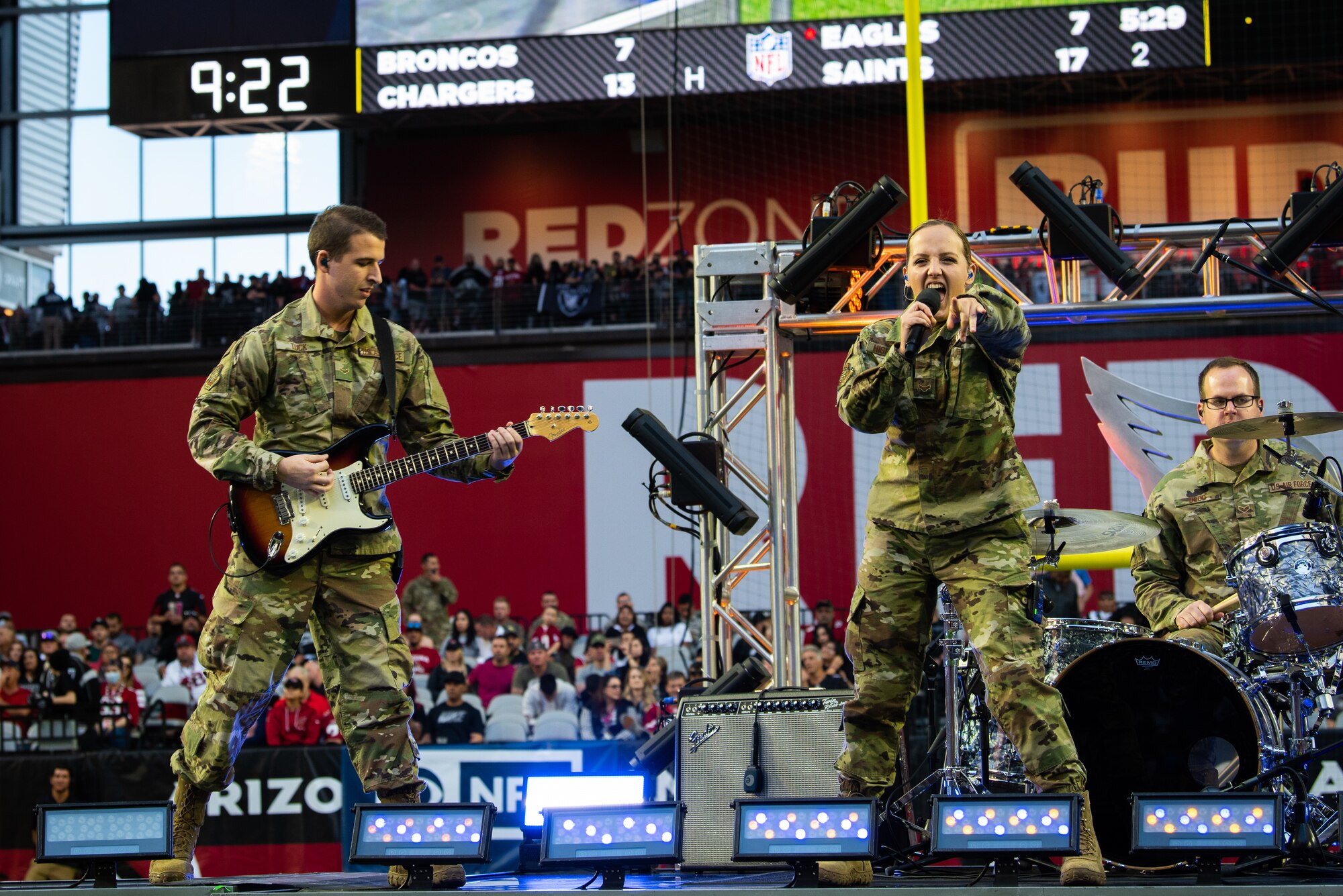 Members of the U.S. Air Force Band of the Golden West perform during the Arizona Cardinals Salute to Service game half-time show, Nov. 18, 2018 at the State Farm Stadium, Glendale, Ariz.