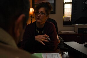 Kari-Lynn Wenciker, Office of Soldiers Medical Evaluation Board attorney, talks to a U.S. Army Soldier about his medical evaluation at Joint Base Langley-Eustis, Virginia, Nov. 19, 2018. Wenciker provides legal advocacy for Soldiers during the MEB process to help provide information for the Soldier to make an informed decision and achieve their desired outcome. (U.S. Air Force photo by Senior Airman Derek Seifert)